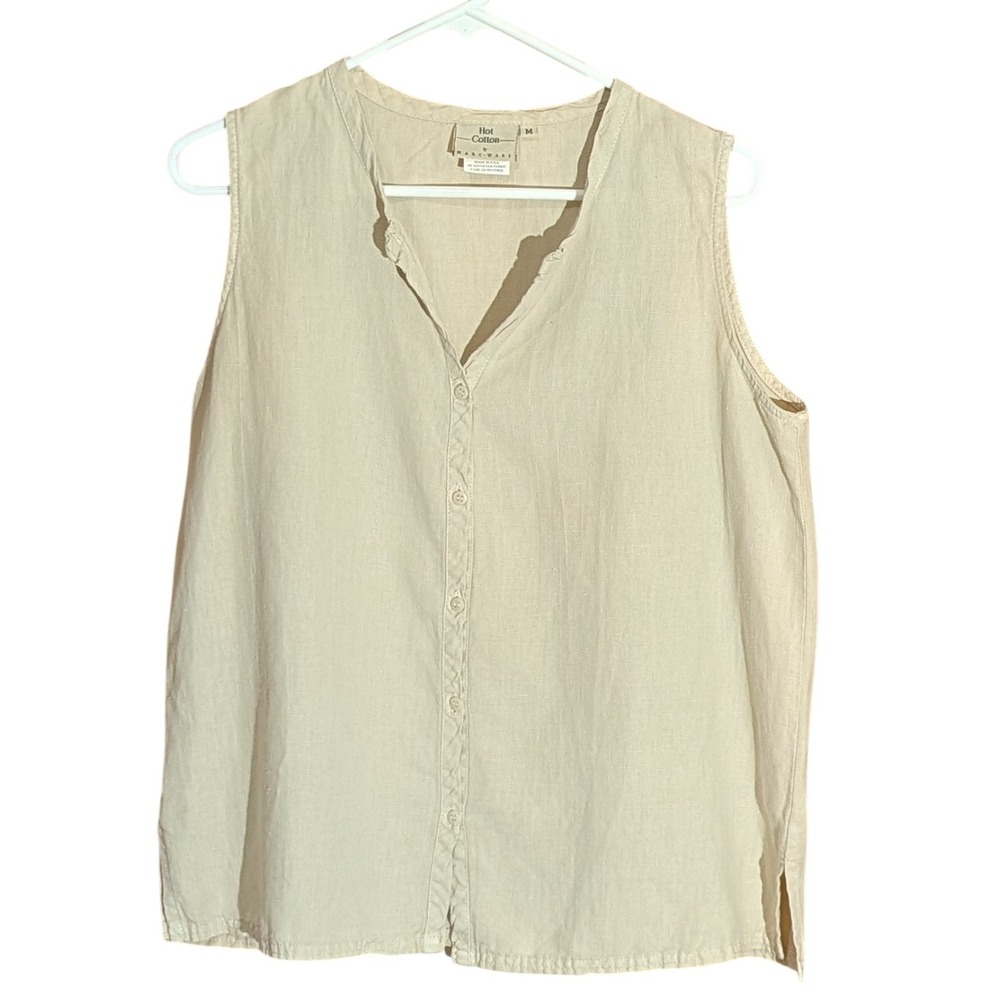 Hot Cotton Top Linen and Cotton Sleeveless Button Up Tan Marc Ware Womens Medium